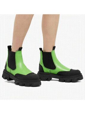 GANNI Flash Green Leather Chunky Ankle Rubber Lug Boots - 5